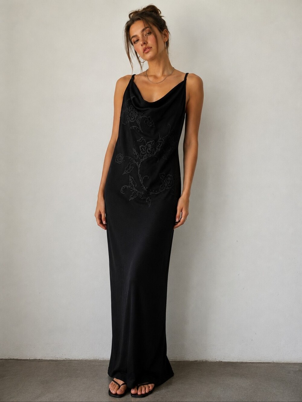 Vintage 90's Fairweather Beaded Cowl Neck Maxi Dress Size L Black Slip Dress Y2K